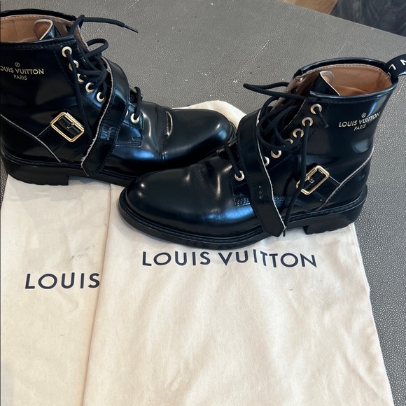 Louis Vuitton Black Leather Ankle Boots with Gold Buckles - Picture 1 of 9